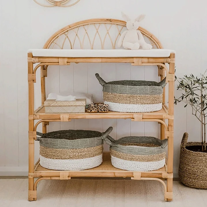 Contemporary Nordic Rectangular Genuine Rattan Weaving Kids Display Rack 3-Tier For Living Room