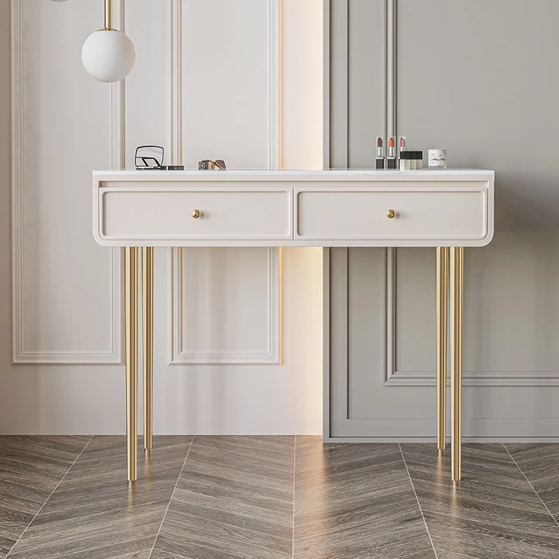 Wood and Stone with Drawers Vanity Table in White/Grey Makeup Desk