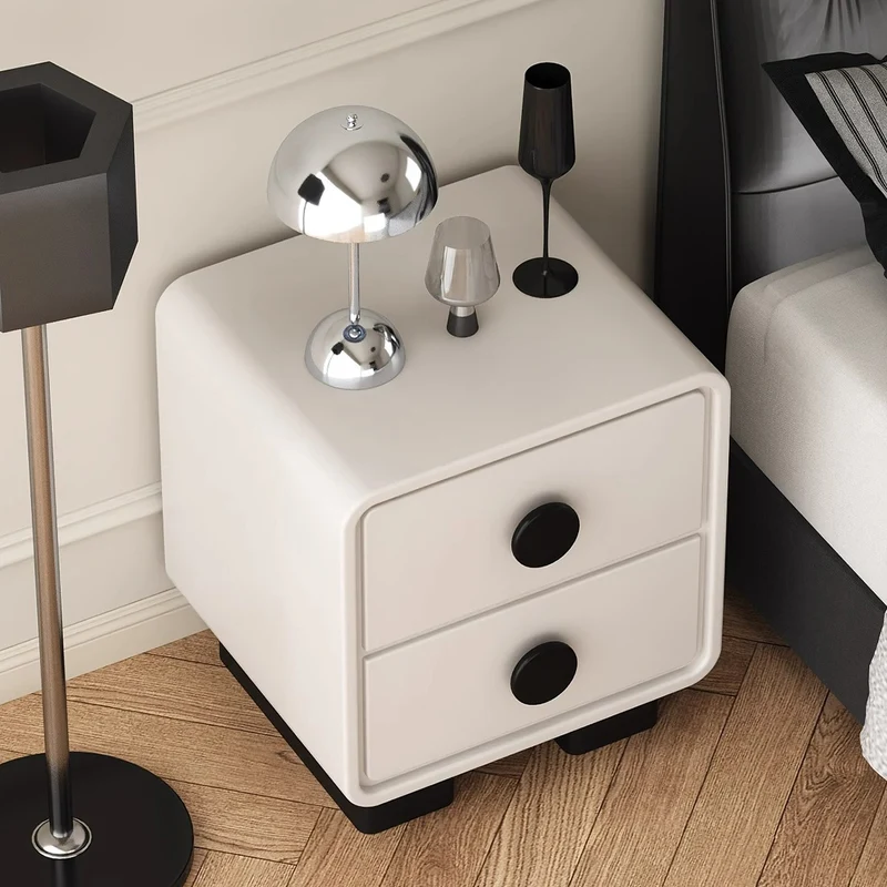 Contemporary Scandinavian Nappa Leather Solid Wood Metal Round Rectangle Nightstand 2-Drawer For Bedroom
