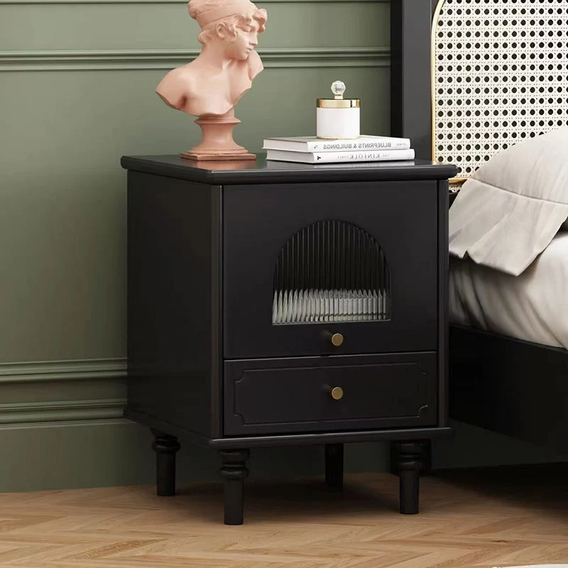 Contemporary Scandinavian Square Plywood Rubberwood Glass Nightstand 1-Drawer For Bedroom
