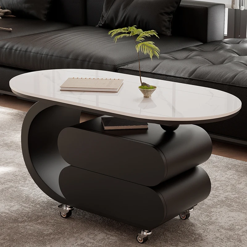 Modern Minimalist Oval Carbon Steel Rock Slab Plywood Movable Coffee Table 2-Drawer For Living Room