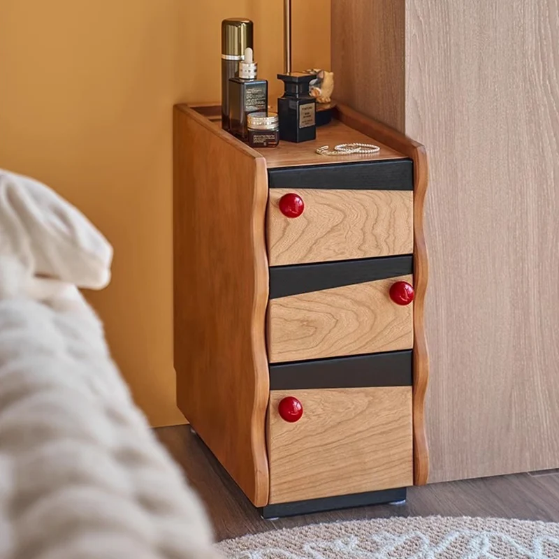 Traditional Vintage Narrow Rectangular Plywood Solid Wood Nightstand 3-Drawer For Bedroom