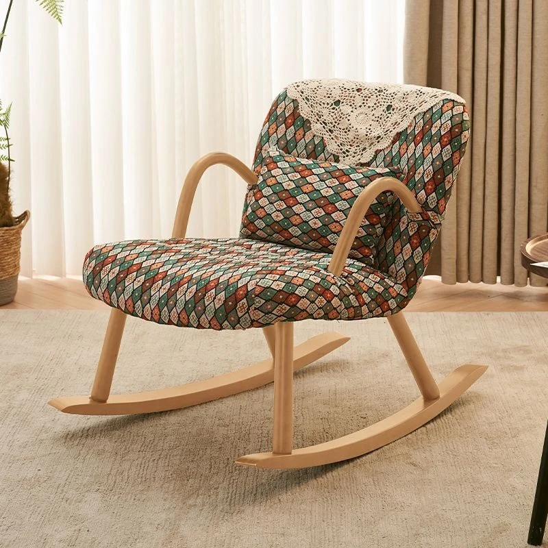 Traditional Vintage Rectangular Rubberwood Cotton Linen Sponge Rocking Chair Backrest Armrest For Living Room