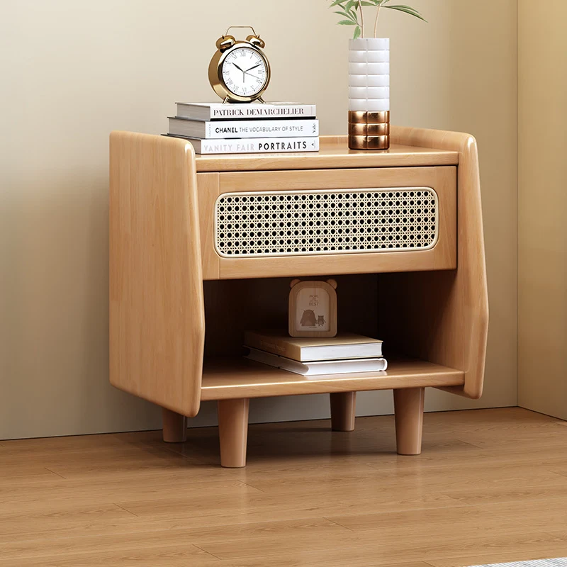 Traditional Rustic Square Rubberwood Plywood Plastic Rattan Weaving Nightstand 1-Drawer For Bedroom