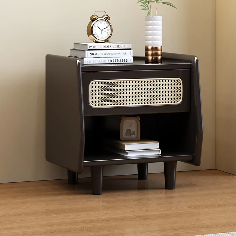 Traditional Rustic Square Rubberwood Plywood Plastic Rattan Weaving Nightstand 1-Drawer For Bedroom