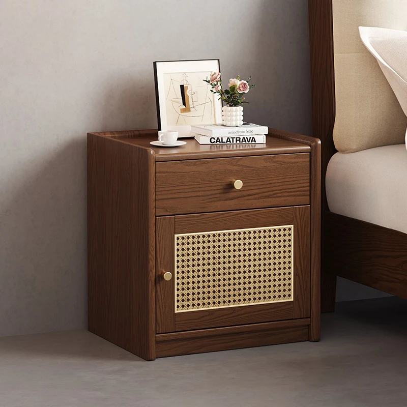 Modern Minimalist Square Rubberwood Plywood Steel Rattan Weaving Safe Deposit Box Nightstand 1-Drawer For Bedroom