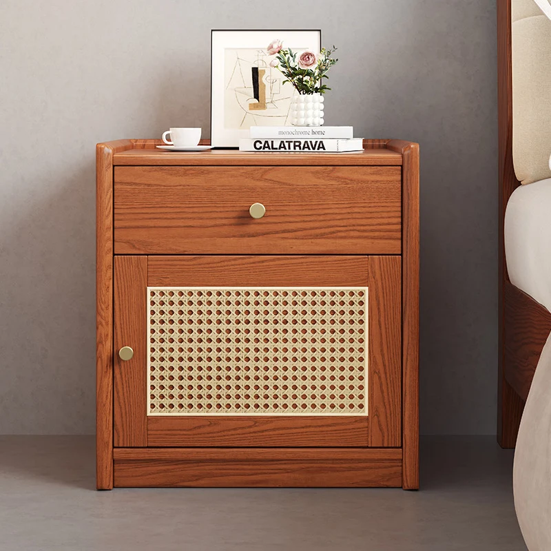 Modern Minimalist Square Rubberwood Plywood Steel Rattan Weaving Safe Deposit Box Nightstand 1-Drawer For Bedroom