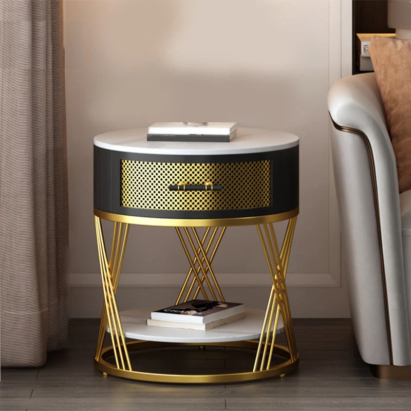 Glam Stone Top Night Table Open Storage 1-Drawer Metal Legs Included Nightstand