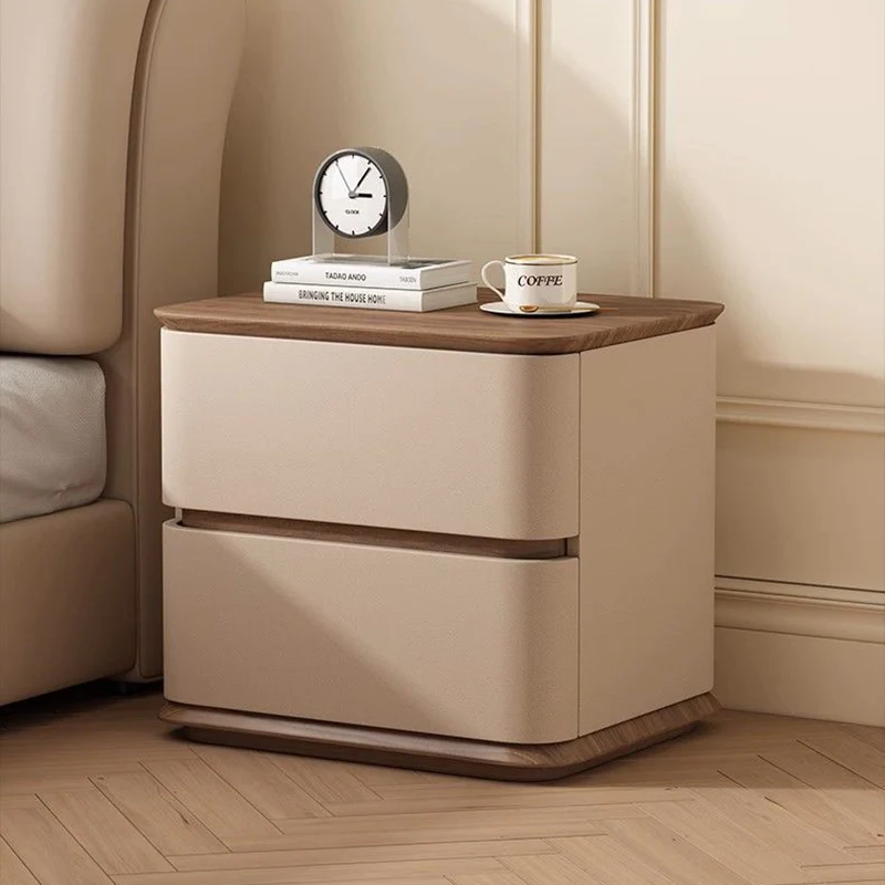 Modern Luxury Pine Plywood Pine Eco-board Cat Scratch Leather Metal Rounded Square Nightstand With 2 Drawers For Bedroom