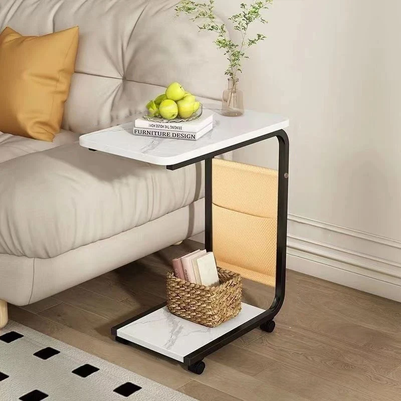 Contemporary Scandinavian Wood Steel C-Shaped Rectangular Side Table With 2 Tiers For Living Room