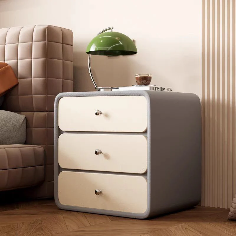 Modern Luxury Cat Scratch Leather Solid Wood Rounded Rectangular Nightstand With 3 Drawers For Bedroom