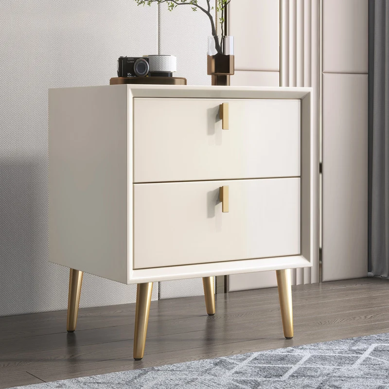 Modern Luxury Microfiber Leather Solid Wood Square Cylindrical Nightstand With 2 Drawers For Bedroom