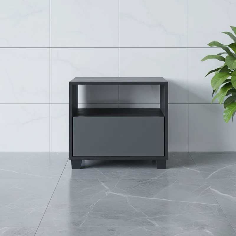 Modern Minimalist Square 1-Drawer Storage Dark Gray Nightstand For Bedroom