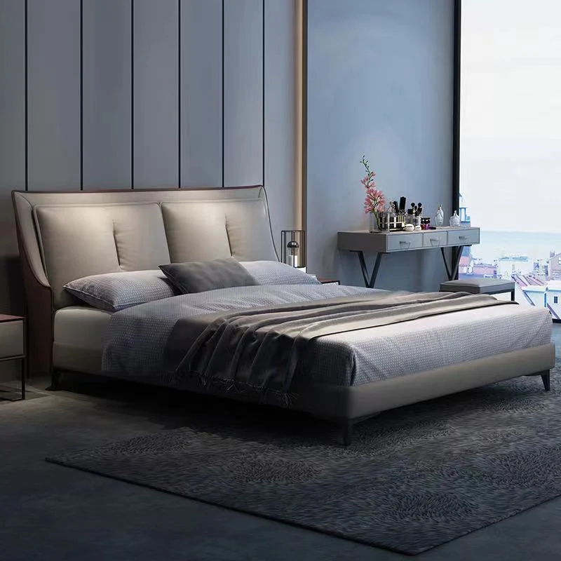 Genuine Leather Bed Frame Contemporary Standard Bed Upholstered Headboard