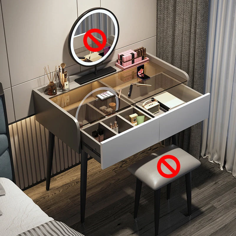 Contemporary Vanity Table and Stool Set Glass Top Vanity Dressing Table