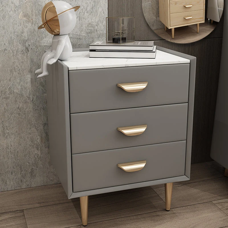 Contemporary Solid Wood Nightstand 3 - Drawer Stone Top Night Table