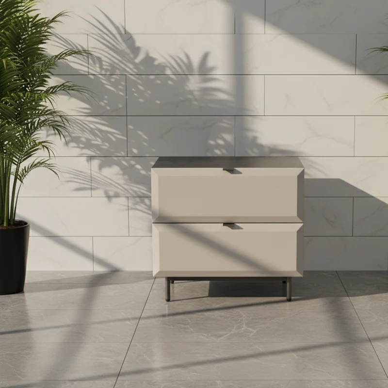 Modern Minimalist Square Gray 2-Drawer Storage Nightstand - Veneered Plywood Frame Bedside Table For Bedroom