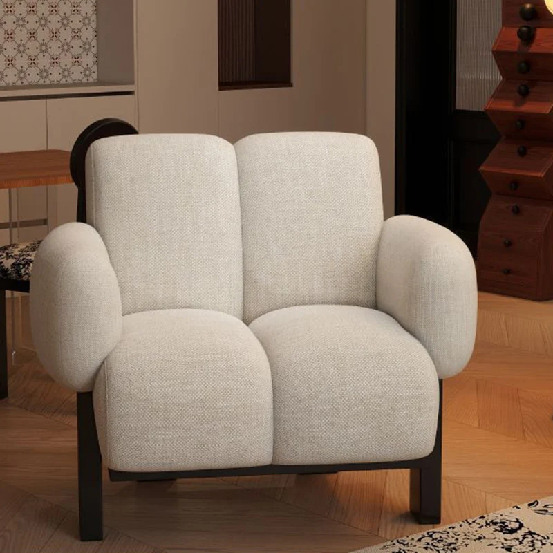 Contemporary Nordic Rectangular Linen Iron Accent Chair Armrest Backrest For Living Room