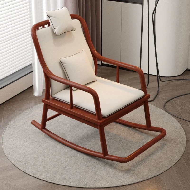 Traditional Chinese Rectangular Solid Wood & Plywood Cotton-Linen Rocking Chair Backrest Armrest For Living Room