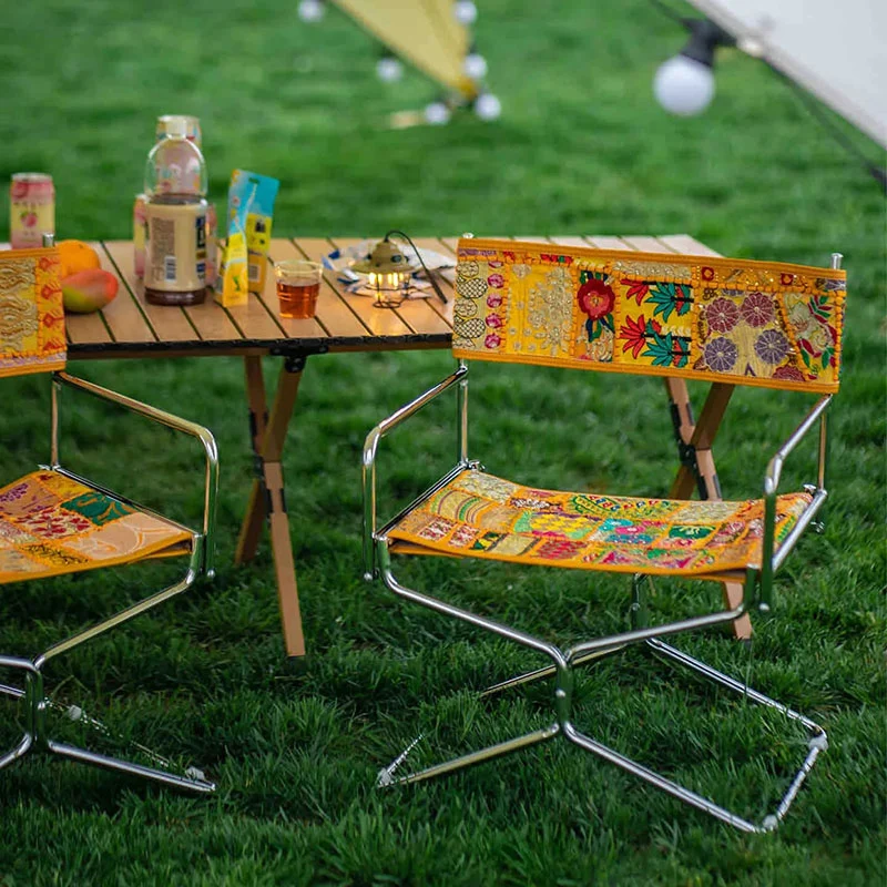 Vintage Embroidered Folding Director’s Chair - Handmade Patchwork Canvas Portable Accent Chair For Outdoor Patio