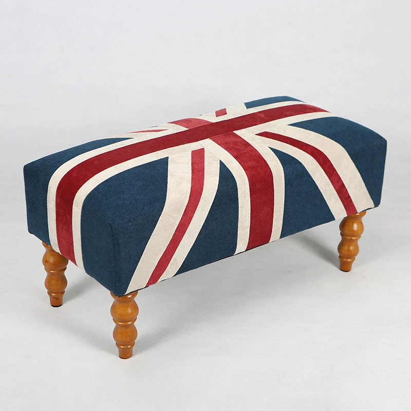 Traditional Vintage Union Jack Turned Wooden Legs Solid Wood Velvet Bench For Entryway