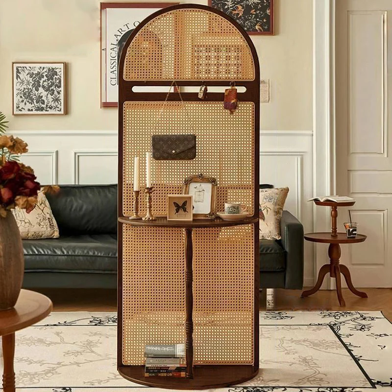 Traditional Vintage Arched Solid Wood Rattan Weaving Display Rack 2-Tier For Living Room
