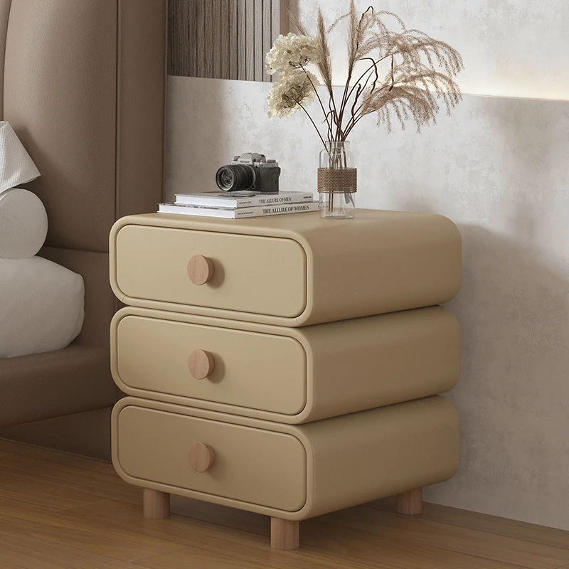 Modern Minimalist Microfiber Leather Solid Wood Rounded Cylinder Rectangular Nightstand With 3 Drawers For Bedroom
