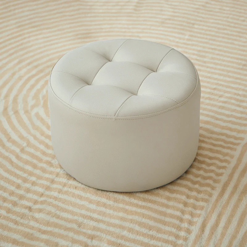 Contemporary Scandinavian Cat Scratch Leather Pine Wood Round Cylinder Low Stool For Living Room