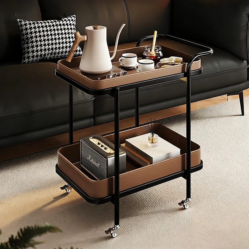 Contemporary Scandinavian Saddle-Style Faux Leather Carbon Steel Movable Cylindrical Rectangular Side Table With 2-Tier For Living Room