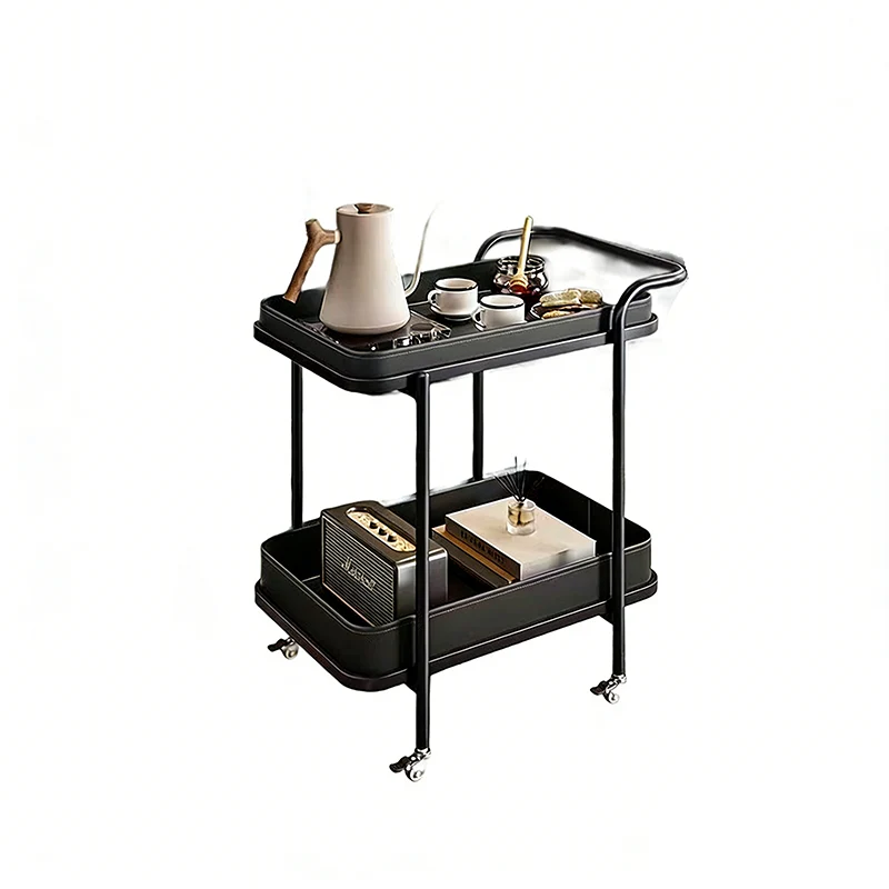 Contemporary Scandinavian Saddle-Style Faux Leather Carbon Steel Movable Cylindrical Rectangular Side Table With 2-Tier For Living Room