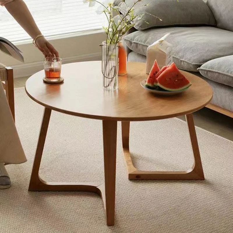 Contemporary Scandinavian Solid Wood Round Straight-Edge Coffee Table With 1-Tier For Living Room