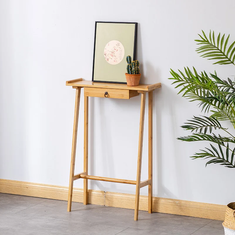 Traditional Chinese Rectangular Bamboo Console Table 1-Drawer For Living Room & Entryway