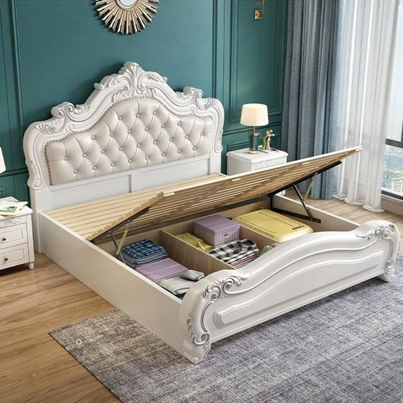 84.65 inch Wide Victorian Bed Frame Pine Wood Standard Bed with Upholstered Headboard