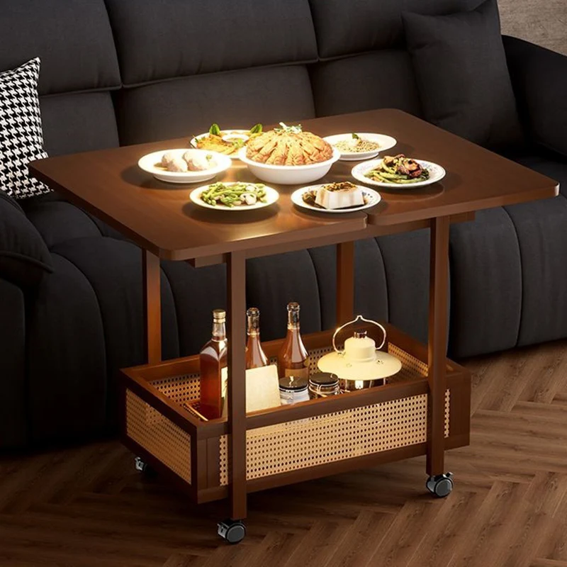 Traditional Vintage Rectangular Nan Bamboo MDF Plastic Weaving Movable Extendable Side Table 2-Tier For Living Room