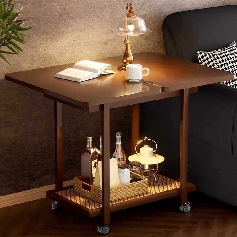 Traditional Vintage Rectangular Nan Bamboo MDF Plastic Weaving Movable Extendable Side Table 2-Tier For Living Room