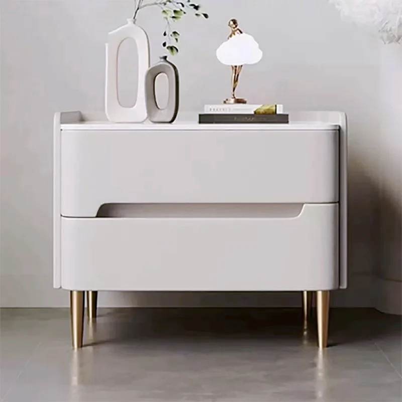Contemporary Scandinavian Sintered Stone Microfiber Leather Metal Cylindrical Square Nightstand With 2 Drawers For Bedroom