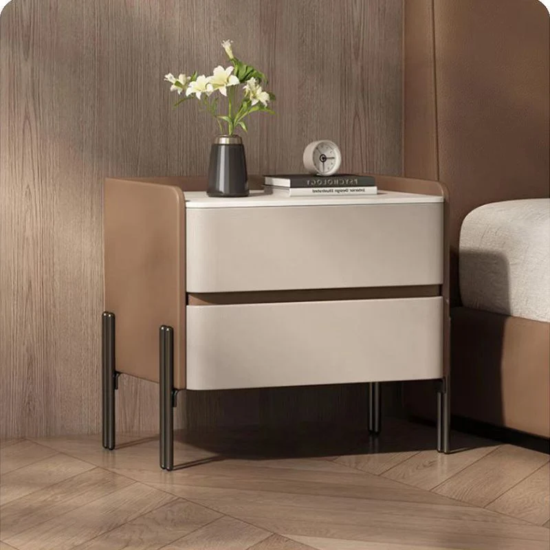 Modern Luxury Sintered Stone Microfiber Leather Plywood Rounded Square Nightstand With 2 Drawers For Bedroom