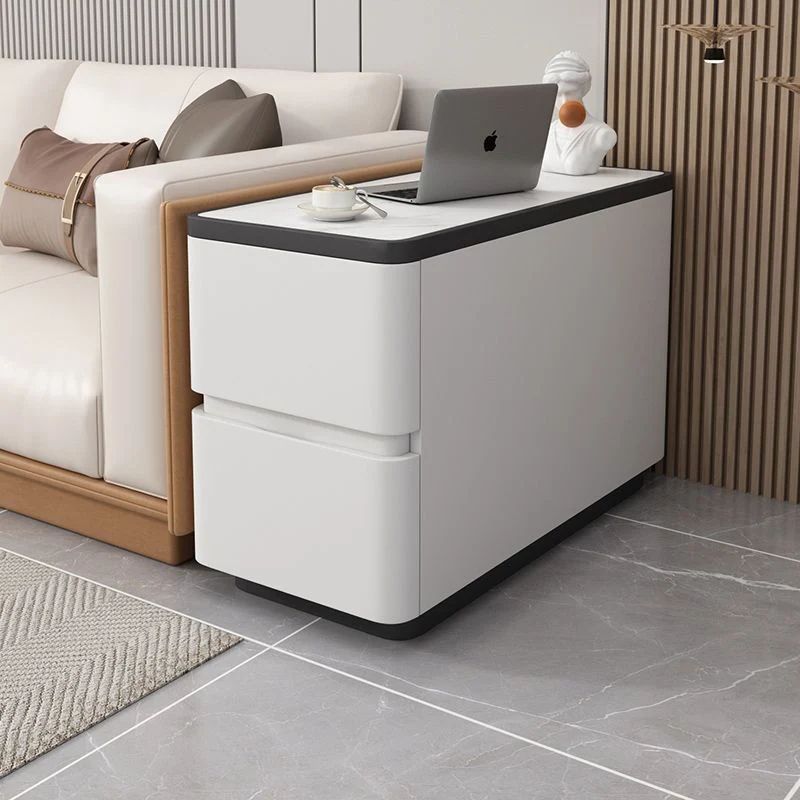 Modern Luxury Cat Scratch Leather Pine Wood MDF Sintered Stone Rounded Rectangular Side Table With 2 Drawers For Living Room