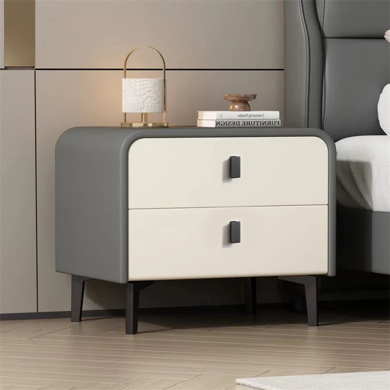 Contemporary Scandinavian Microfiber Leather Eco-Friendly Engineered Carbon Steel Rounded Square Nightstand With 2 Drawers For Bedroom