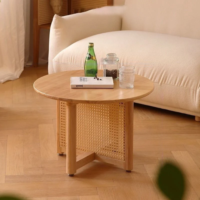 Traditional Japanese MDF Pine Wood Faux Rattan Hollow Round Coffee Table With 1 Tier For Living Room
