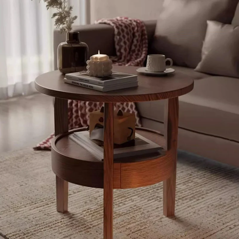 Traditional Vintage Round Rubberwood Paulownia Wood Plywood Coffee Table 2-Tier For Living Room