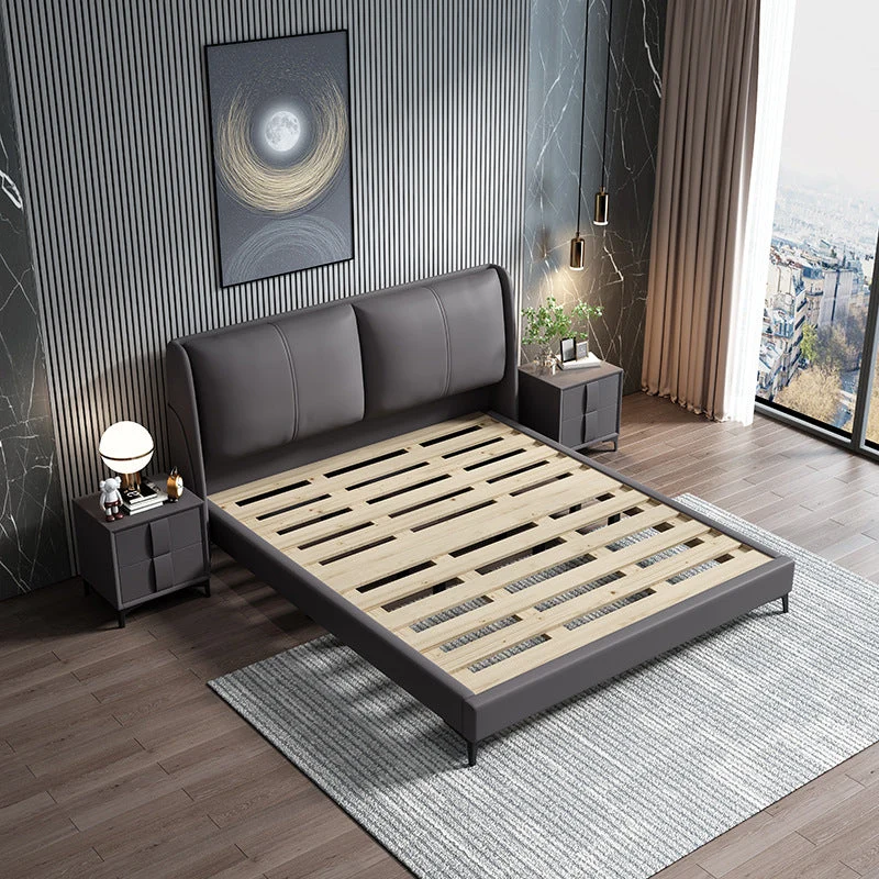 Grey Pine Wood Panel Bed Leather Bed Frame with Upholstered Headboard