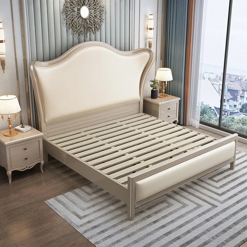 84.65 inch Wide Victorian Wingback Bed Rubberwood Bed with Upholstered Headboard