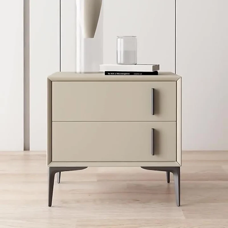 Modern Minimalist Rectangular PU Leather Solid Wood Carbon Steel Nightstand 4-Leg 2-Drawer For Bedroom