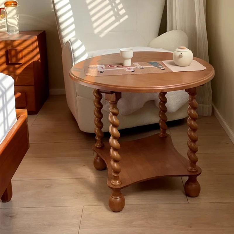 Traditional French Round Solid Wood & Plywood Vintage Brown Side Table For Small Space 2-Tier For Living Room