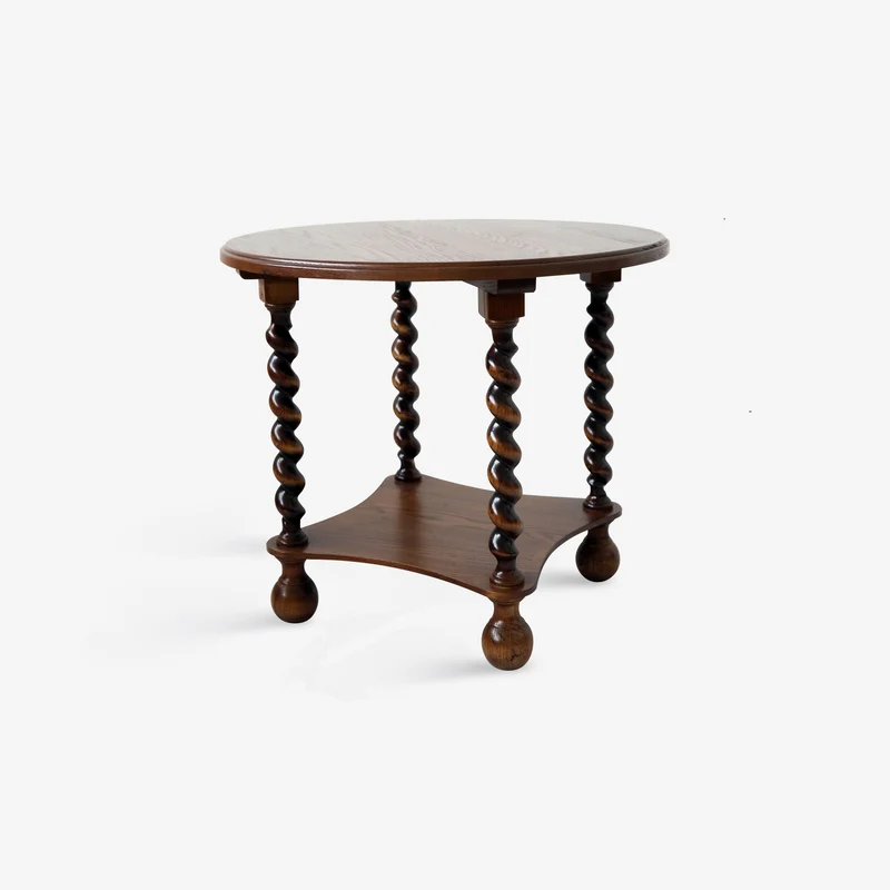 Traditional French Round Solid Wood & Plywood Vintage Brown Side Table For Small Space 2-Tier For Living Room
