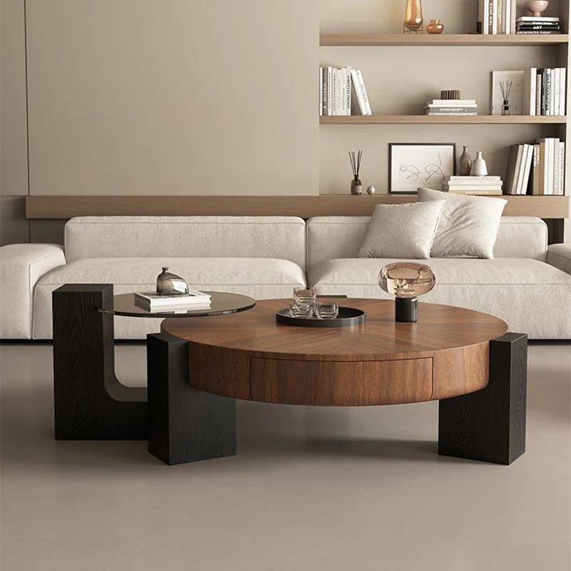 Contemporary Nordic Round Medium Density Fiberboard Glass Coffee Table 2-Tier For Living Room