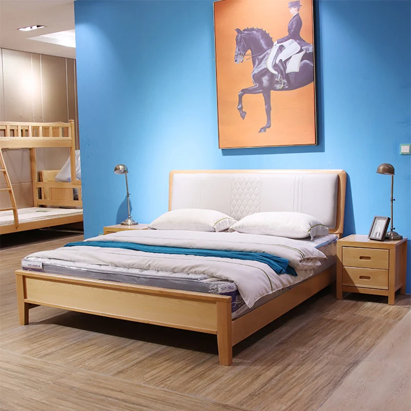 Mid-century Style Bed Frame Solid Wood Bed with Upholstered Headboard