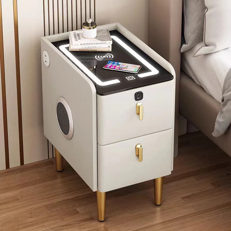 Modern Minimalist Stone Slab Glass Iron Faux Leather Rectangular Nightstand 2-Drawer For Bedroom