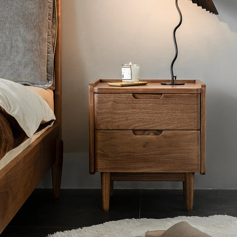 Traditional Japanese Rounded Corner Design Solid Walnut Wood Nightstand 2-Drawer For Bedroom